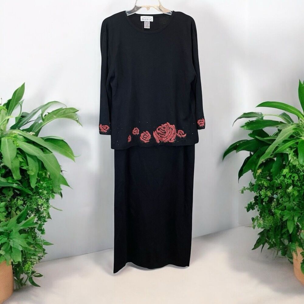VTG Adrianna Papell 2-Piece Sweater Set Womens Sz XL Embroidered Old Money